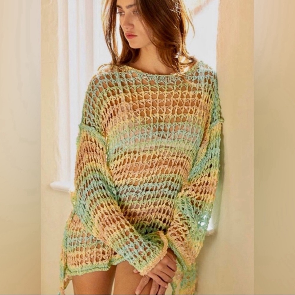 POL Colorful Crochet Open Knit Sweater | Vibrant Layering Top - Picture 3 of 5